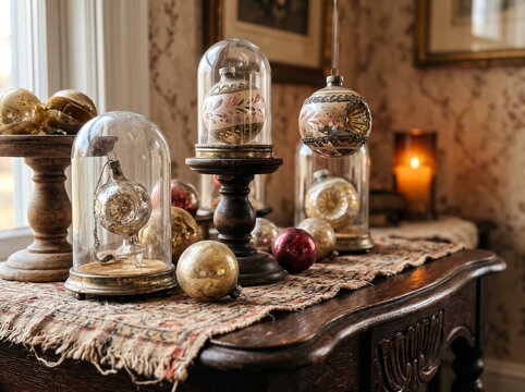 Glass cloches covering antique christmas ornaments displayed on wooden console table.