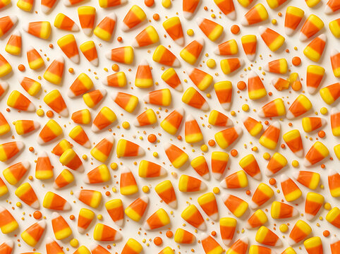 Abundant Halloween candy corn pattern with scattered small candies for festive decoration.