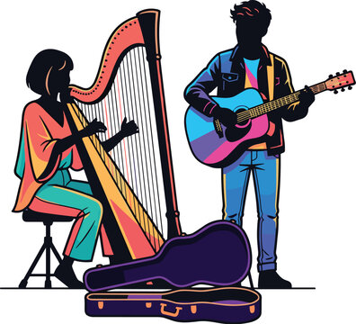 Colorful music performance vector illustration with harpist, guitarist, harp and guitar case for concert promotion