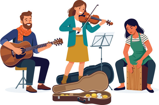 Colorful street musicians vector illustration with guitar, violin, cajon and tip case for live music events