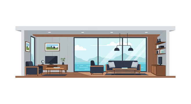 Modern minimalist living room interior with panoramic sea view and luxury furniture flat vector illustration.