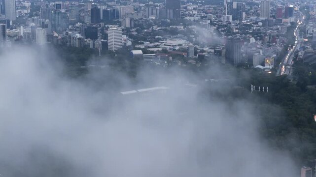 Aerial view of Bosque de Chapultepec park surrounded by dense fog and the urban skyline of Mexico City, Mexico City, Mexico City, Mexico.