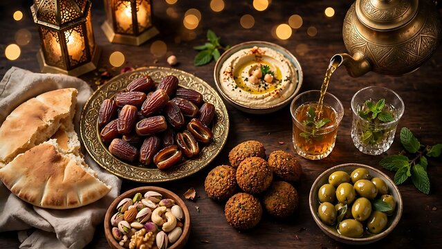 Ramadan iftar dinner table with dates hummus falafel and pouring tea