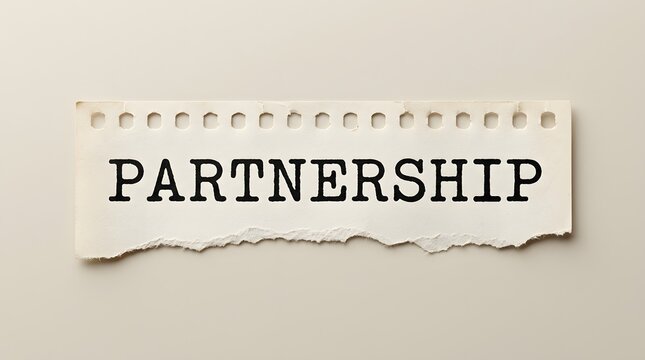 The word Partnership printed in bold black typewriter font on a torn strip of aged paper placed against a textured off-white background surface