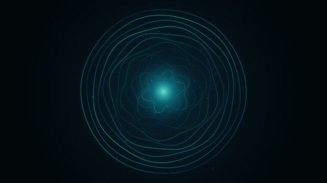 Abstract glowing blue atom or particle illustration with concentric energy waves