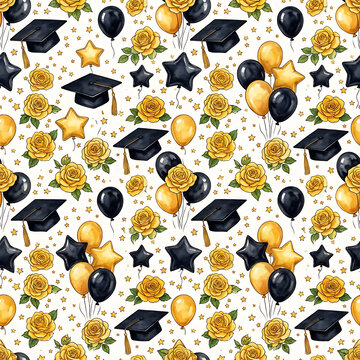 Graduation celebration pattern with caps, balloons, and stars background