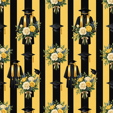 Graduates with white and yellow floral bouquets on black and yellow stripes
