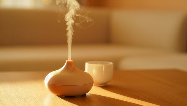 A modern essential oil diffuser releasing aromatic steam on a wooden table next to a ceramic cup, creating a cozy, relaxing, and calm atmosphere in a cozy living room