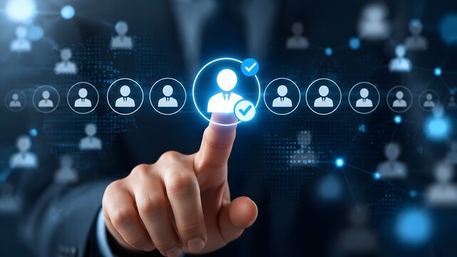 A professional manager using a digital interface to select talent from a virtual network of candidates for recruitment, hiring, and human resources management tasks.