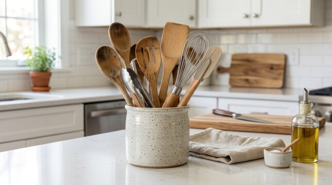 A kitchen scene with a white countertop, wooden utensils, and a wooden cutting board in the background.