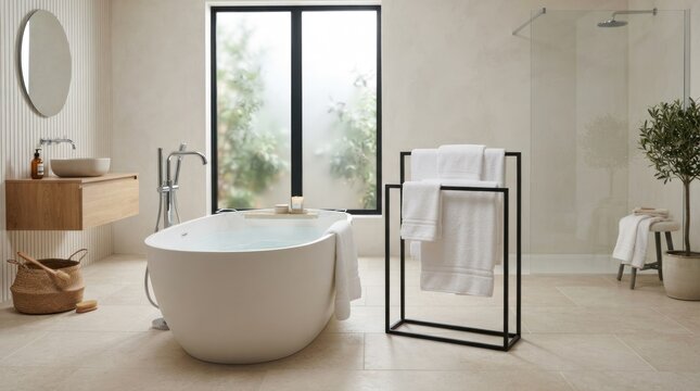 A modern bathroom with a white bathtub, black towel rack, and a large mirror.