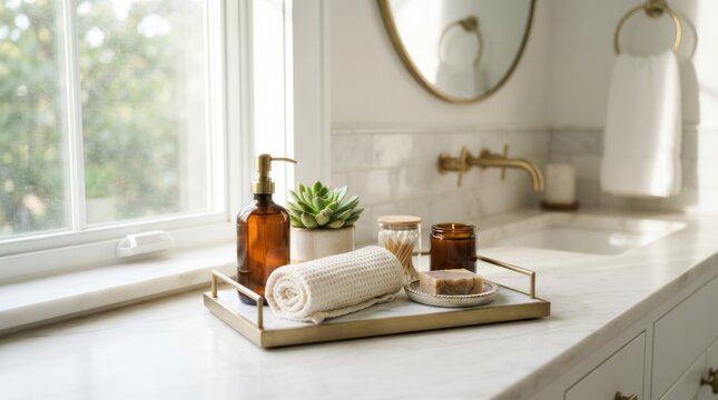 A bathroom sink with a mirror, soap dispenser, and a plant on a tray.