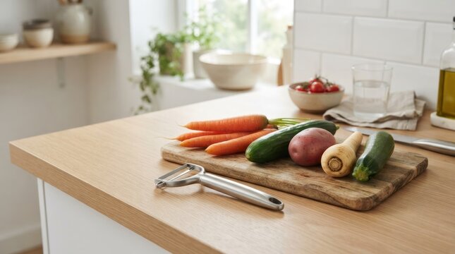 A wooden cutting board with various vegetables and a peeler on a kitchen counter.