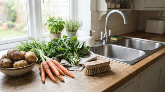 A kitchen counter with fresh vegetables and a bowl of potatoes in front of a window.