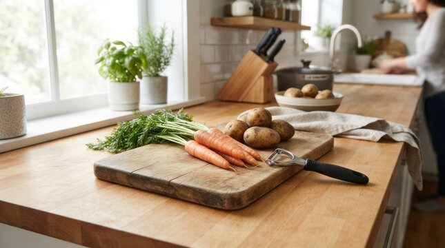 A wooden cutting board with fresh carrots and potatoes on a kitchen counter.
