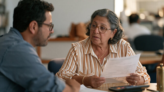 Armenian family matriarch negotiating loan modification terms at a community development bank, translated repayment schedule in hand, adult son translating beside her, total