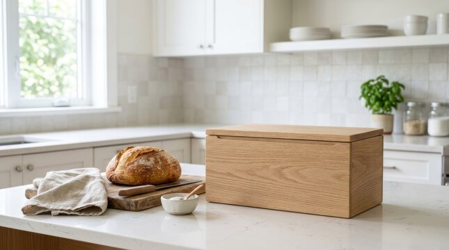 A wooden bread box with a loaf of bread on a kitchen counter.