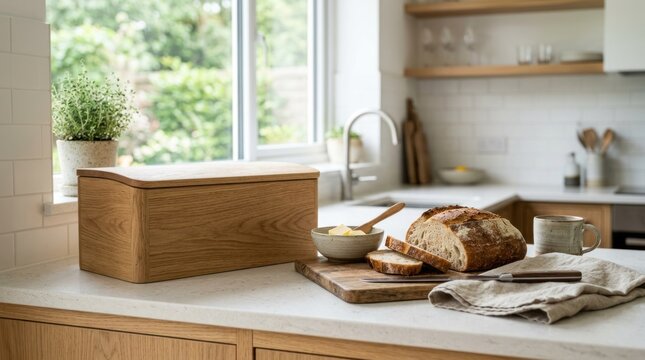 A wooden bread box with a loaf of bread and a bowl of butter on a kitchen countertop.