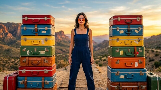 Young woman traveler standing between stacks of vintage suitcases