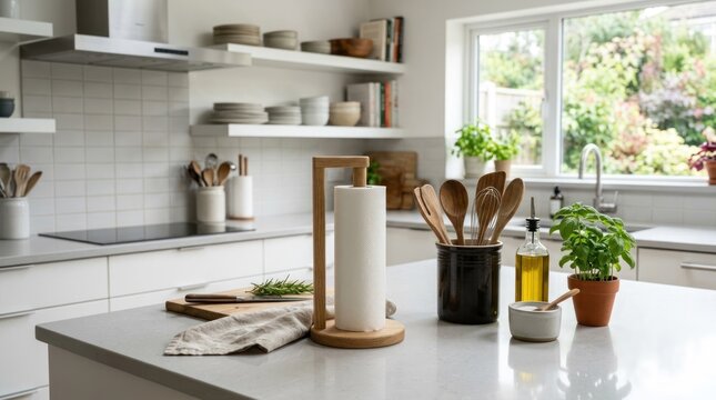 A modern kitchen with white cabinets, stainless steel appliances, and a white countertop. 