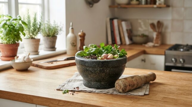 A kitchen scene with a wooden countertop, a stone mortar and pestle, and various herbs and spices.