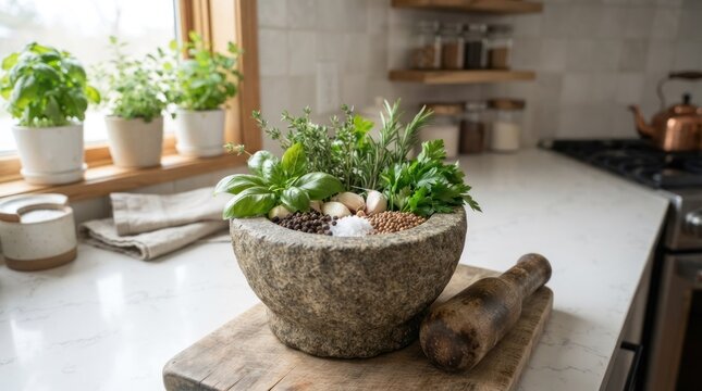 A kitchen countertop with a stone mortar and pestle, herbs, and spices in a rustic setting.
