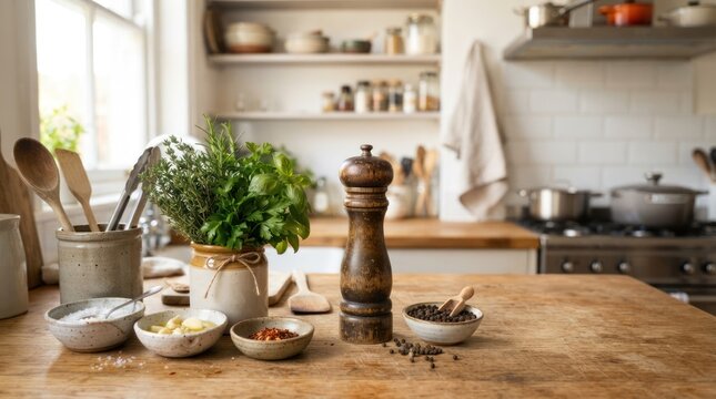 A rustic kitchen scene with wooden countertops, a wooden table, and a variety of kitchen utensils and herbs.