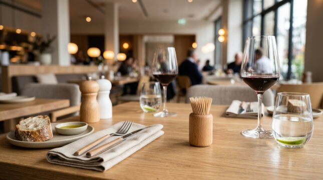 A wooden table with wine glasses, a plate of bread, and a knife and fork on a napkin in a restaurant setting.