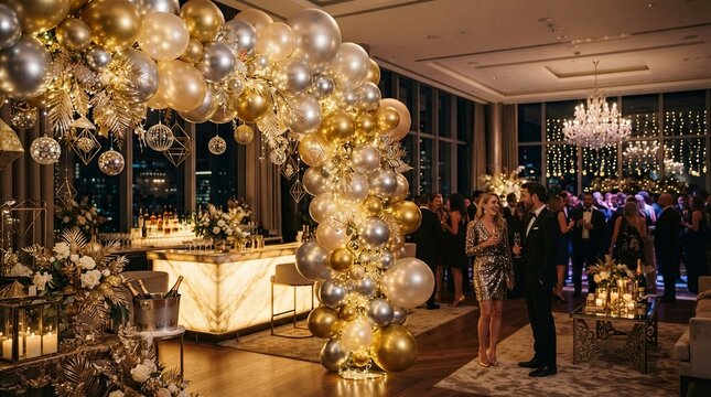 Elegant New Year's Eve 2026 celebration party in a luxury penthouse with golden balloon decor, sparkling lights, and people in formal attire enjoying a glamorous night event.
