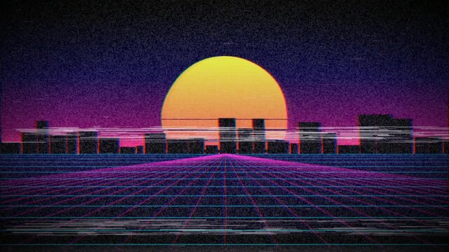 Retro 80s synthwave city skyline landscape with glowing yellow sunset, wireframe grid floor, and VHS CRT glitch screen effect animation loop