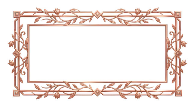 Rectangular copper frame with ornate floral filigree, decorative metal border with leaf and flower motifs on a solid black background