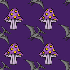 Obraz premium Seamless vector pattern with cute cartoon pterodactyl dinosaurs and purple spotted mushrooms on dark background