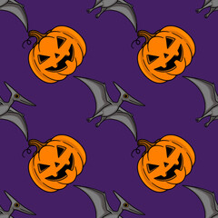 Seamless vector pattern with cute Pterodactyl dinosaurs and orange Jack-o-lantern pumpkins on purple background © Khrystyna Turchyn