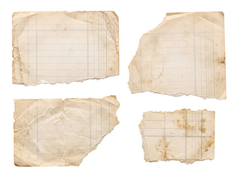 Vintage torn paper scrap set with old stained lined ledger notebook pages isolated on black background for collage mockup design antique retro texture scrapbook craft elements copy space sheet