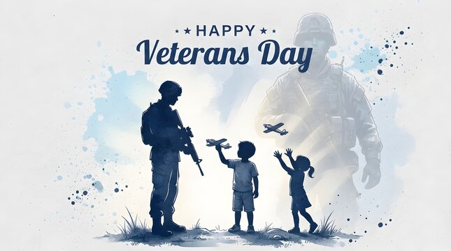 Happy Veterans Day Silhouette of Soldier, Family and American Flag Against Blue Watercolor Background