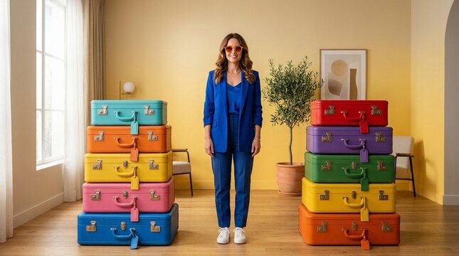 Woman standing between stacks of colorful vintage travel suitcases