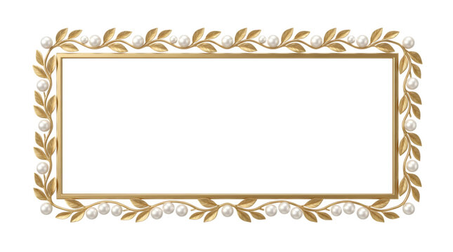 Rectangular gold frame with ornate leaf patterns and white pearls, isolated on a solid black background, for decorative borders