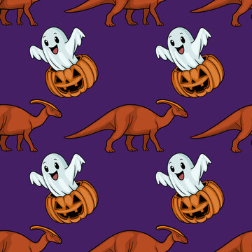 Seamless vector pattern with cute ghosts in jack-o-lantern pumpkins and parasaurolophus dinosaurs on a purple background for Halloween