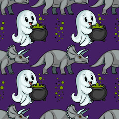Seamless vector pattern featuring cute cartoon ghosts holding bubbling cauldrons and triceratops dinosaurs on a purple background © Khrystyna Turchyn