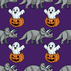 Halloween seamless vector pattern with cute cartoon triceratops dinosaurs and ghosts in jack-o-lantern pumpkins on purple background © Khrystyna Turchyn