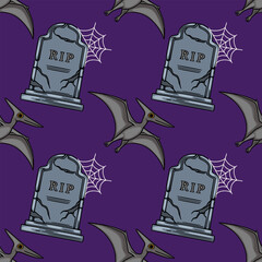 Seamless vector pattern featuring cartoon pterodactyl dinosaurs and spooky gravestones for Halloween © Khrystyna Turchyn