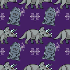 Seamless vector pattern with cute triceratops dinosaurs, spooky RIP tombstones and spider webs on a dark purple background for Halloween design. © Khrystyna Turchyn