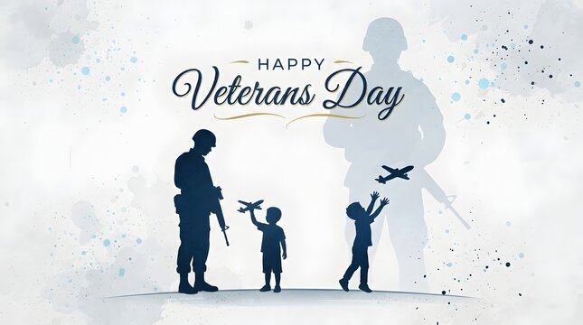 Happy Veterans Day Silhouette of Soldier, Family and American Flag Against Blue Watercolor Background