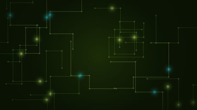 Lime circuit board trace background on a dark backdrop, right angled circuit traces with solder pads and pulses running along them, medium seamless loop, no text and no numbers, abstract technology