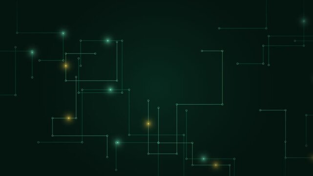 Mint circuit board trace background on a dark backdrop, right angled circuit traces with solder pads and pulses running along them, medium seamless loop, no text and no numbers, abstract technology