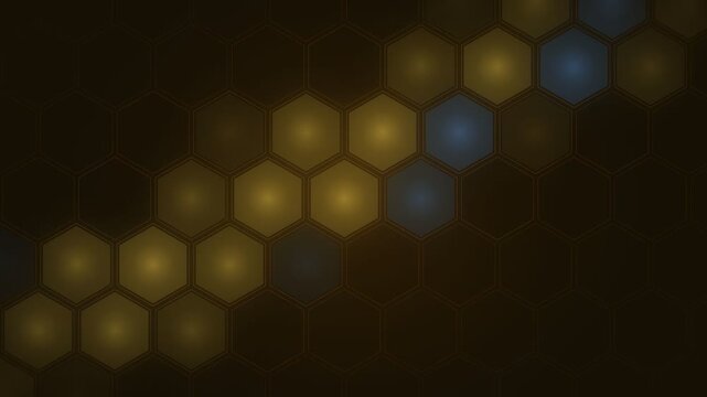 Amber hexagon honeycomb mesh background on a dark backdrop, a honeycomb mesh with cells lighting up in travelling diagonal waves, medium seamless loop, no text and no numbers, abstract technology