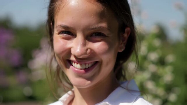 Strahlende junge Frau in wei&szlig;er Bluse l&auml;chelt herzlich