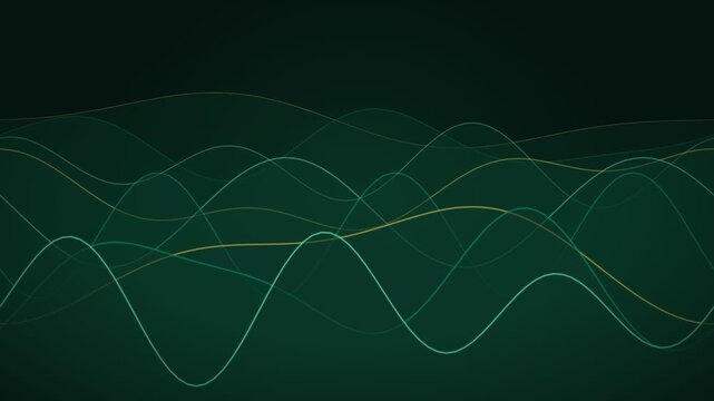 Mint layered wave band background on a dark backdrop, layered wave bands rolling over each other in depth, fast seamless loop, no text and no numbers, abstract technology motion background