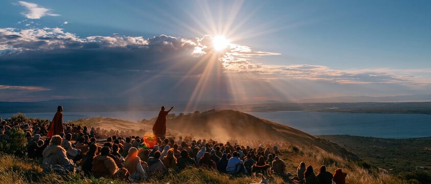 Vast crowd of followers listening to a teacher in a burnt orange robe on a grassy hilltop by a lake, for spiritual banners and copy space