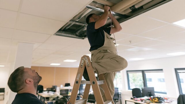 Facility maintenance workers repairing ceiling hvac and plumbing systems in a dim, relaxed office setting for building repair services